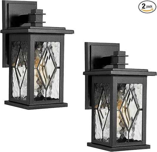 Emliviar 2-Pack Outside Light Fixtures, 12 Inch Exterior Lights for House, Black Finish with Water Grain Glass, 1803EW1-2PK-SD BK