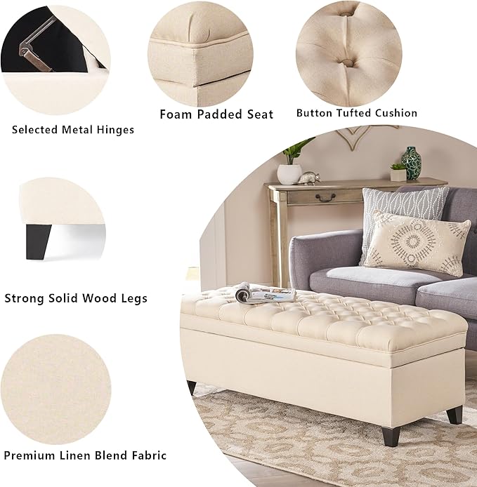 Setawix Linen Storage Benches for Bedroom,50" Bed End Bench with Storage,Tufted Beige Storage Ottoman Bench for Living Room,Rectangle Entryway Benches with Storage and Seating (Beige, Linen)