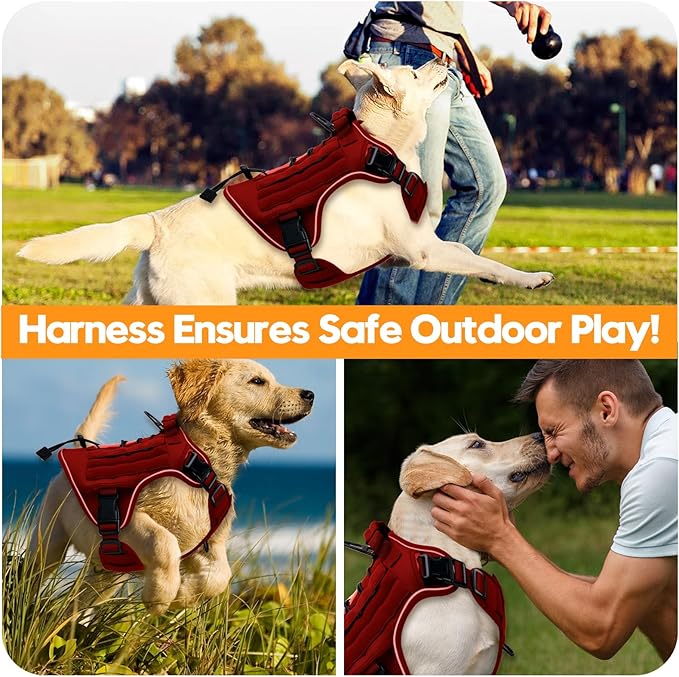Heavy-Duty Tactical Dog Harness for Large Dogs, No Pull Adjustable Reflective Pet Vest with Molle System, K9 Military-Grade Control for Service Training, Outdoor & 10+ Breeds, Red, Large