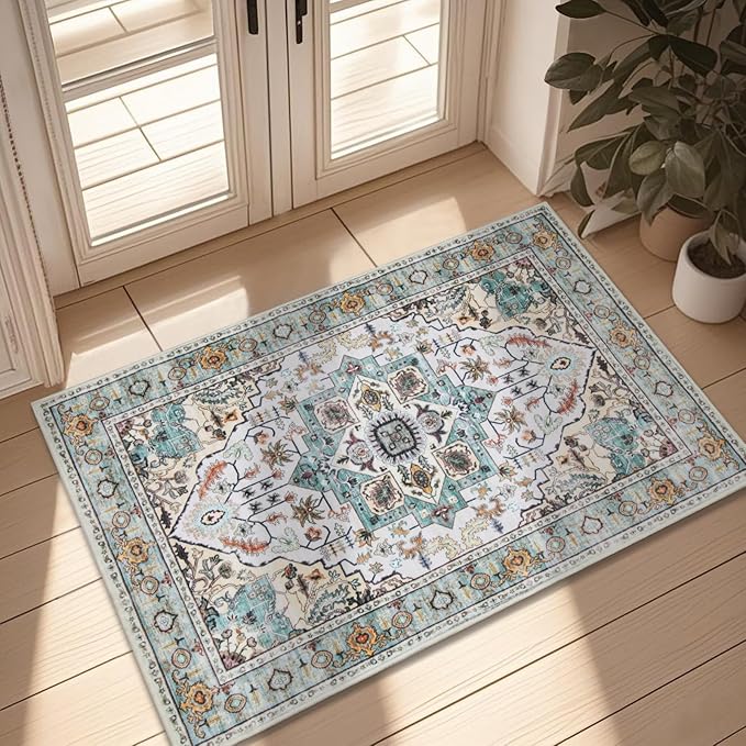 WILLSUN Washable Area Rugs, 2x3 Non-Slip Boho Small Area Rugs for Entryway, Kitchen, Bathroom, Machine Washable Vintage Rug, Indoor Floral Print Carpet for Home Decor, Kid & Pet Friendly Mat