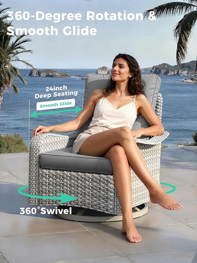 6 Piece Outdoor Wicker Patio Furniture Set,High Back Swivel Rocker Patio Chairs with 4" Thickened Cushions & Side Table, All-Weather PE Rattan for Garden, Backyard, Porch, Grey