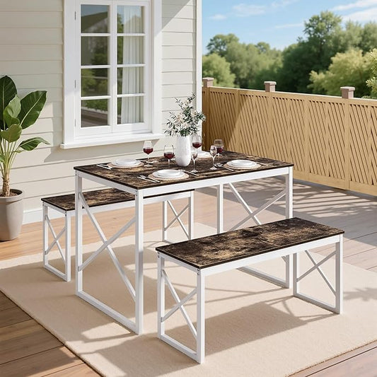 VECELO Kitchen Dining Table Benches Set for 4, 43.3" Wooden Dinette with 2 Benches, Heavy-Duty Dining Room Table for Small Space, Breakfast Nook, Dark Brown