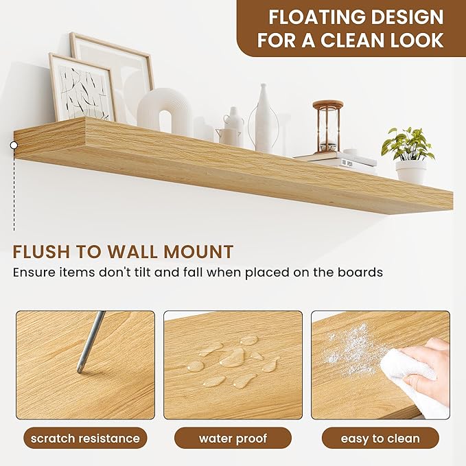 fuqing Floating Shelves for Wall, Wall Mounted Wood Floating Shelf with Invisible Brackets for Living Room, Bathroom, Bedroom, Kitchen Storage and Decor, 55 Inch Set of 2, Oak