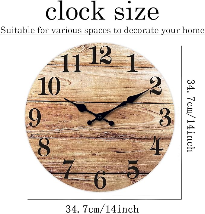 XNM Wood Wall Clocks Battery Operated 14 Inch Brown Rustic Wall Clock for Living Room Decor Silent Wall Clock Non Ticking (MDF No Solid Wood)