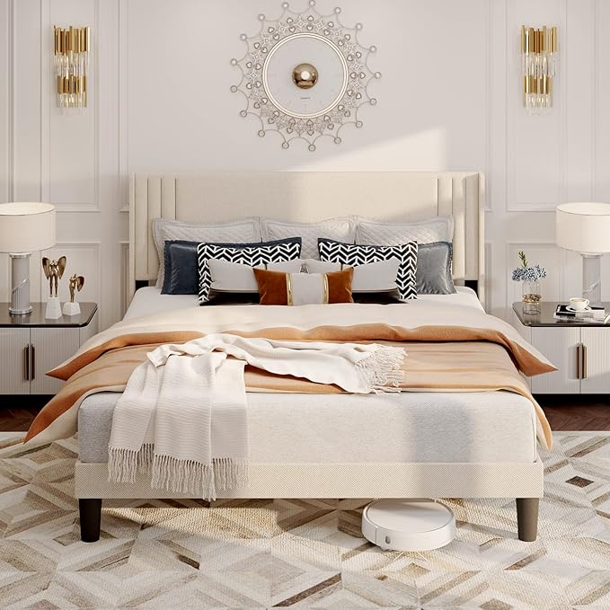 Gizoon Queen Bed Frame with Wingback Headboard, Upholstered Platform Bed, Wooden Slats, Noise-Free, No Box Spring Needed, Easy Assembly