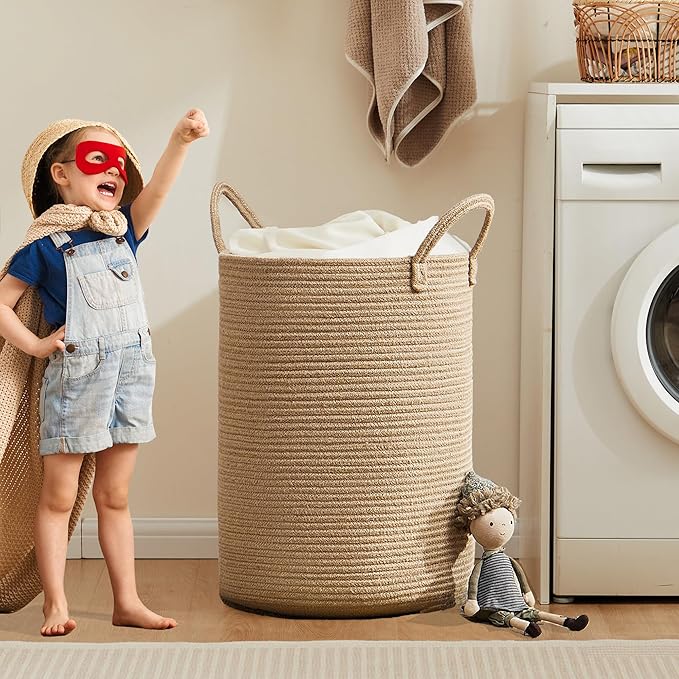 80L Extra Large Jute Woven Hamper Laundry Basket Wicker Rope Clothes Hamper for Baby Nursery Kids Tall Rattan Blanket Basket in Living Room Bedroom