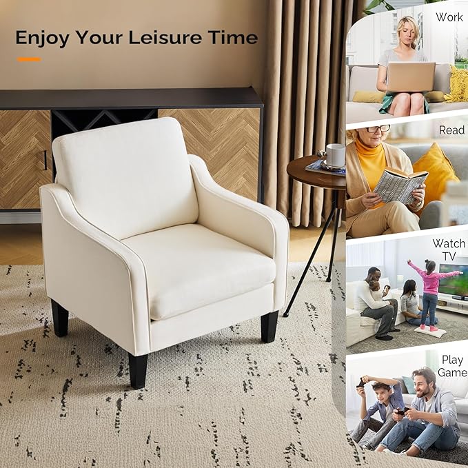 VINGLI Beige Accent Chairs for Living Room, Line Comfy Upholstered Chair Mid Century Modern Armchair for Bedroom, Home Office, Small Spaces, Apartment