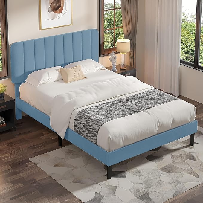 VECELO Queen Size Bed Frame with Upholstered Headboard, Velvet Platform Bedframe Mattress Foundation, Strong Wood Slat Support, No Box Spring Needed,Sky Blue