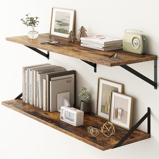 Fun Memories 40 Inch Floating Shelves, 12 Inch Deep Wall Shelf, 40 x 12 Floating Shelf Set of 2, Wood Floating Shelf Wall Mounted, Large Kitchen Living Room Bedroom Storage Shelves, Rustic Brown