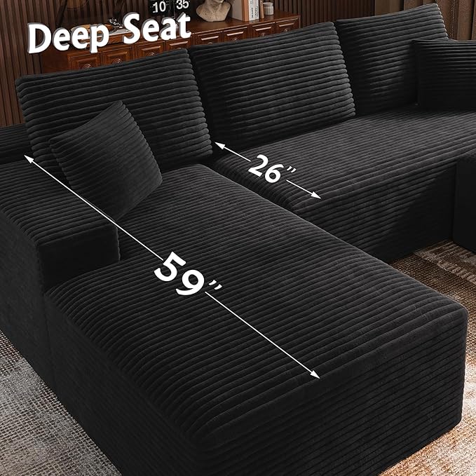3-Piece Boneless Modular Sectional Sofa, Cloud Couch, Left Facing Chaise with Ottoman, Oversized Deep Seat, Soft Corduroy Fabric, Sectional Couch for Living Room-Black