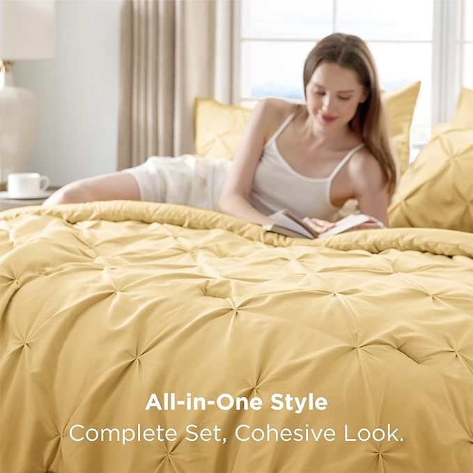 Bedsure Twin Comforter Set Yellow - Bed in a Bag Twin Size Bedding 5 Pieces, GentleSoft™ Pintuck Bed Set Gift for Family, Pinch Pleat Yellow Comforter with Sheets, Pillowcase & Sham