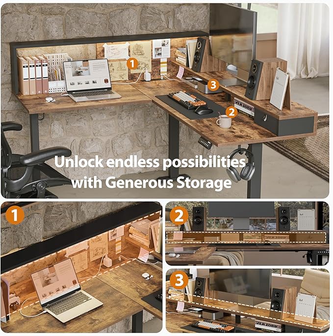 Agilestic L-Shaped Electric Standing Desk, 63x55 Inch Ergonomic Adjustable Height Desk with Storage, Stand Up Corner Desk Sit Stand Computer Table Power Outlet & LED Lights, Office Table, Rustic Brown