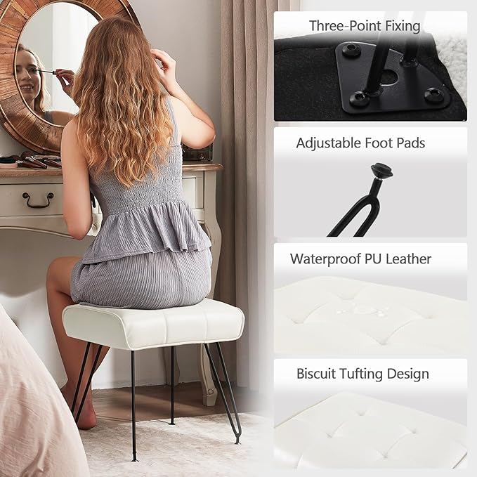 PU Leather Vanity Stools, Vanity Stool Chairs for Makeup Faux Leather Foot Stools Ottoman with Metal Leg Make up Chairs for Vanity Small Bench Seat for Living Room Bedroom (Cream White)