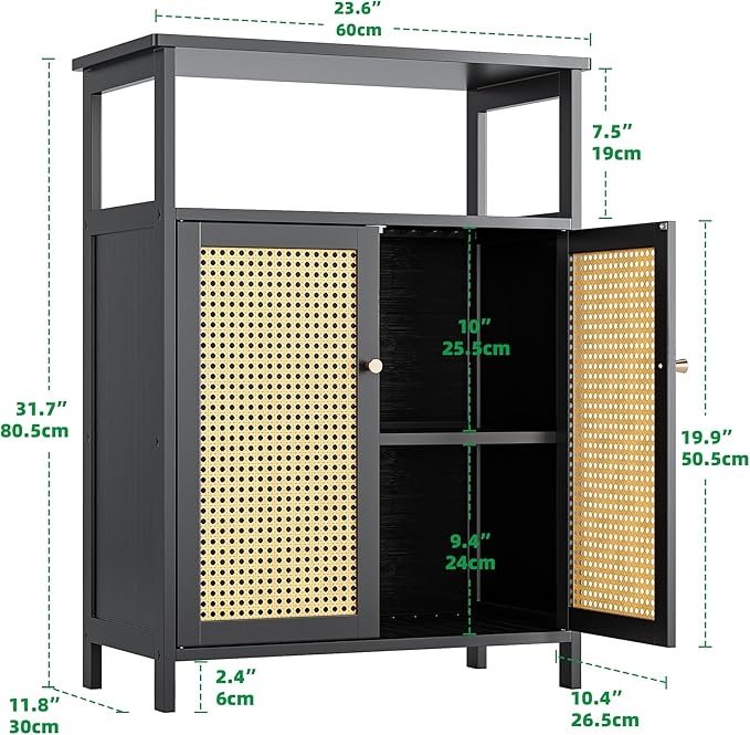 Bamboo Floor Rattan Cabinet, Bathroom Storage Organizer Rack with 2 Doors and 1 Shelf, Space Saving Wood Kitchen Cupboard, Hallway Side Table, Living Room Freestanding Stand (Black)