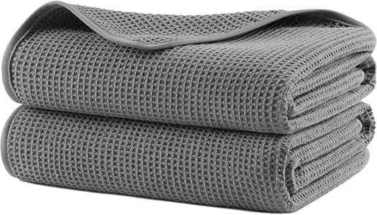 POLYTE 380 GSM Microfiber Oversize Quick Dry Lint Free Waffle Bath Towel for Body, 60 x 30 in, Set of 2