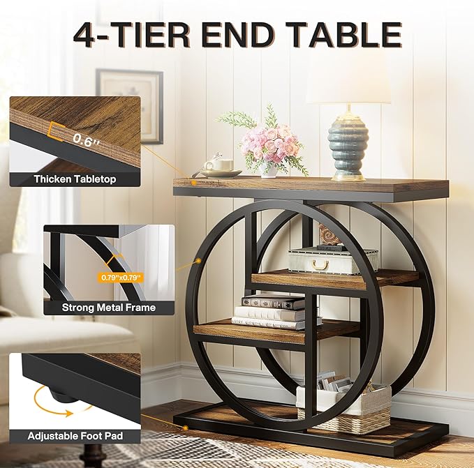 Tribesigns End Table for Living Room, 4-Tier Narrow Side Table with Storage Shelves, Industrial Bedside Table for Bedroom, Wood Small Sofa Side Table with Geometric Metal Frame (1 PC, Rustic Brown)