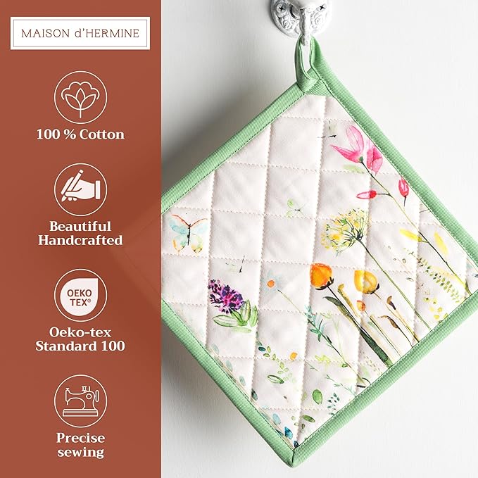 Maison d' Hermine Pot Holders set 100% Cotton Heat Resistant Potholders 8" x 8" Hot Pads with Loop BBQ, Cooking, Baking, Grilling, Kitchen, Handling Hot Pans Spring/Summer (Pack of 2, Botanical Fresh)