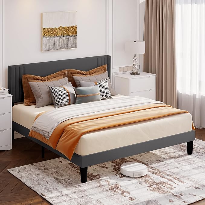 Gizoon Queen Bed Frame with Wingback Headboard, Upholstered Platform Bed with Modern Geometric Headboard, Wooden Slats, Noise-Free, No Box Spring Needed