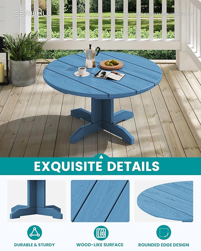 SERWALL Round Outdoor Coffee Table Set,Outdoor Round Coffee Table and Adirondack Chairs with Cup Holders Patio Furniture,Blue