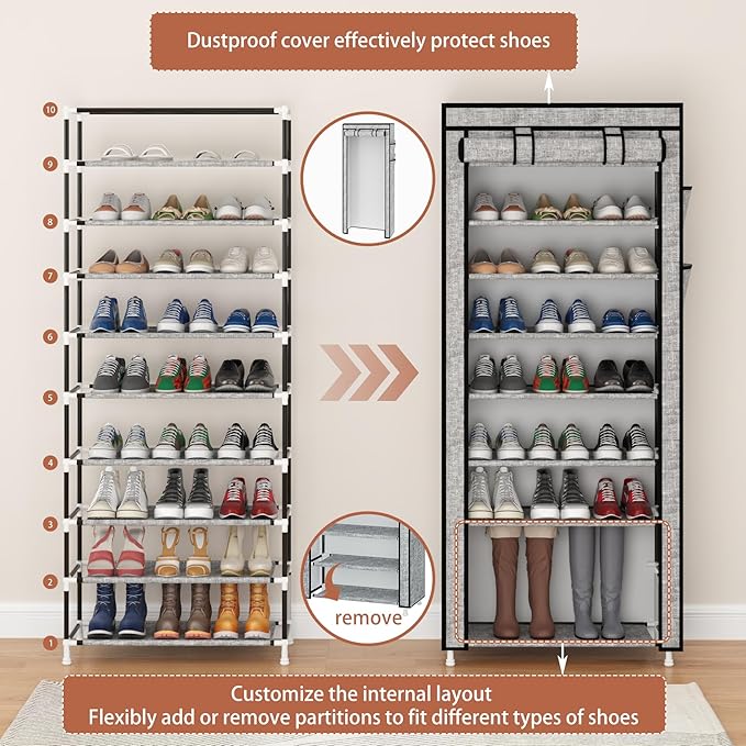 Calmootey 9 Tier Shoe Rack Organizer,Portable Shoe Shelf with Nonwoven Fabric Cover for Closet Hallway,Bedroom,Entryway, Ash Grey