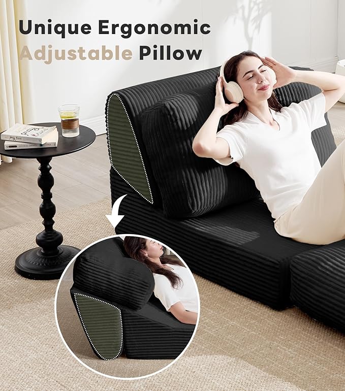 Tbfit Folding Sofa Bed, Convertible Sleeper Chair with Large Pillow, Corduroy Folding Couch Bed, Portable & Foldable Mattress Boneless Floor Sofa for Living Room, Bedroom, Office, Black, Single