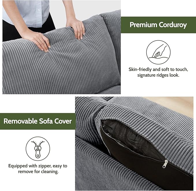 WEUP 68" Loveseat Sofa Grey Corduroy Couch, Mid Century Modern Love Seat Couches for Living Room, Small Loveseat for Bedroom Office, Comfy Sofa with Spring Cushion, Solid Wood, Tool-Free Assembly