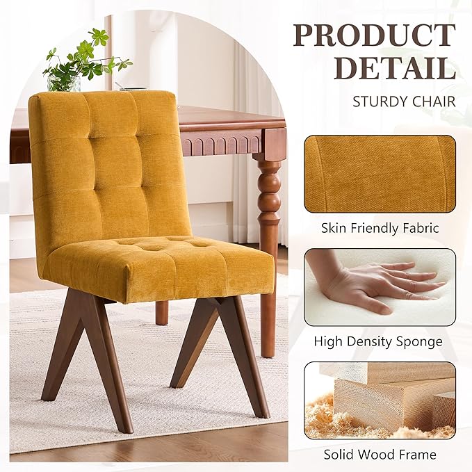 Rowill Modern Upholstered Dining Chairs Parsons Chair Linen Fabric Kitchen Chairs Tufted Armless Dining Room Chairs with Wood Legs Set of 2, Yellow