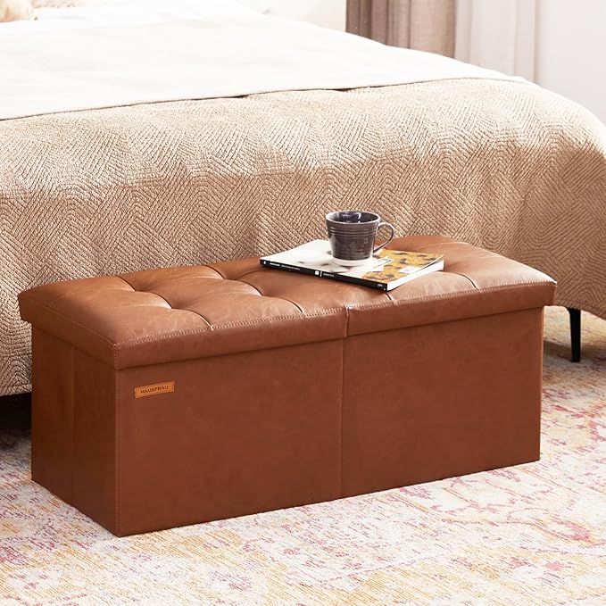 HAUSFRAU 31.5 Inches Ottoman with Storage, Folding Ottoman Bench Small Foot Rest Stool, Bedroom Bench with Flipping Lid, Faux Leather Retro Brown