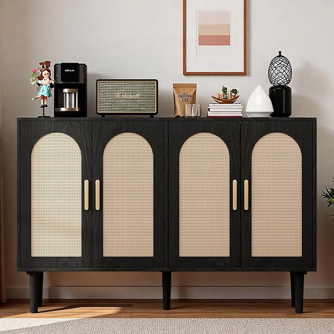 4-Door Rattan Sideboard Buffet Cabinet, 47" Large Storage Cabinet with Shleves, Wood Modern Accent Credenza Kitchen Table for Dining Room, Living Room & Entryway, Black & Natural