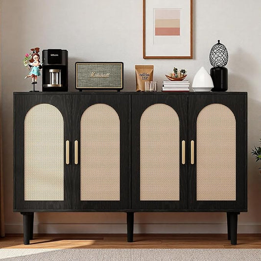 4-Door Rattan Sideboard Buffet Cabinet, 47" Large Storage Cabinet with Shleves, Wood Modern Accent Credenza Kitchen Table for Dining Room, Living Room & Entryway, Black & Natural