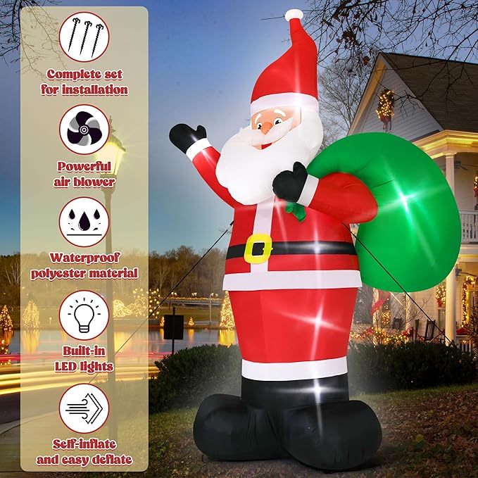 18FT Christmas Inflatable Santa with Gift Bag, Extra Large Outdoor Christmas Decorations with LED Lights, Waterproof Santa Claus Blow Up for Yard, Garden, Holiday Party (18H x 13W x 6D ft)