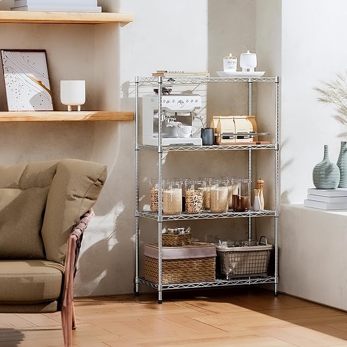 IZEUK 4-Tier Heavy Duty Steel Storage Shelves, Metal Shelf Wire Shelving Rack for Pantry, Kitchen, Home, or Office Organization (29.5" W x 13.7" D x 47.2" H, 1000LBS, Chrome)