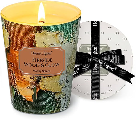 HomeLights 1-Wick Candles for Home Scented - 6.7oz Soy Wax Blend Candle Long-Lasting Fragrance, Industrial Chic Home Decor and Housewarming Gifts, Fireside Wood & Glow