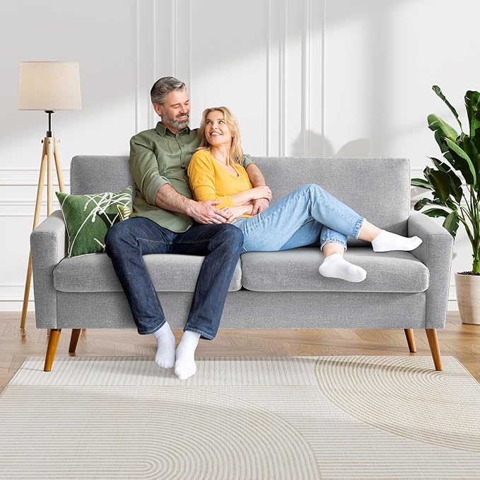 WEUP 68" Loveseat Sofa Light Grey Linen Couch, Mid Century Modern Love Seat Couches for Living Room, Small Loveseat for Bedroom Office, Comfy Sofa with Spring Cushion, Solid Wood, Tool-Free Assembly