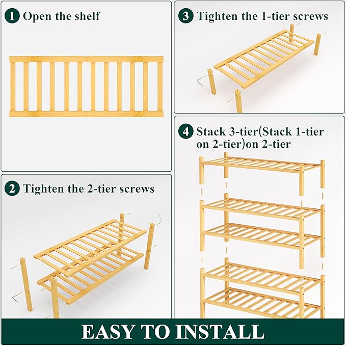 Smiry Shoe Rack, 5 Tier Bamboo Shoe Organizer, Stackable Free Standing Wooden Shoe Storage Shelf for Closet, Entryway, Front Door Entrance, Natural Bamboo
