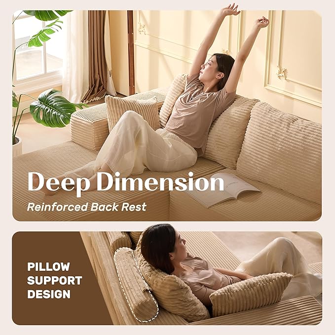 107" Boneless Couch with Deep Seat, Modular Sectional Sofa, Cloud Sectional Couch for Living Room, No Assembly Required, Corduroy, U-Shape 3 Seater Left, Camel