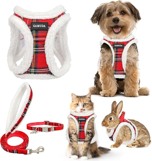 GAMUDA Small Dog Harness Collar and Leash Set, Step in No Chock No Pull Soft Mesh Adjustable Dog Vest Harnesses Plaid Reflective for Dogs Puppy Cats Kitten Rabbit (Warm Red, XS)