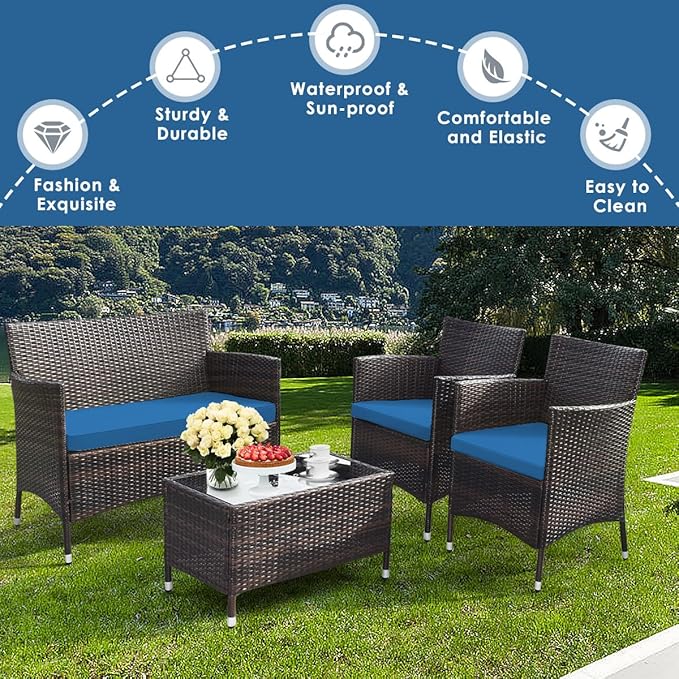 Goplus 4-Piece Rattan Patio Set, Outdoor/Indoor Wicker Conversation Set for Pool, Backyard, Lawn, Wicker Chairs and Sofa with Soft Cushion, Rattan Furniture with Tempered Glass Coffee Table