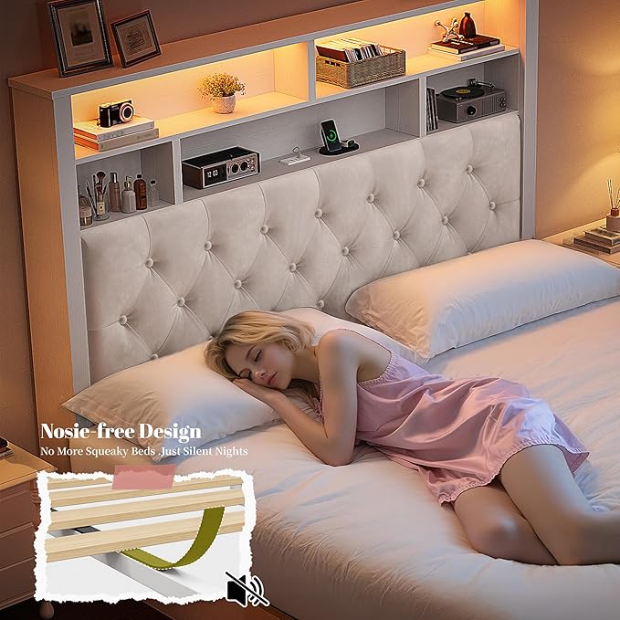 EnHomee Full Size Bed Frame with 4 Storage Drawers and Headboard Upholstered,Wooden Full Bed Frame with Charging Station and LED Light,NO Noise,No Box Spring Needed,Beige