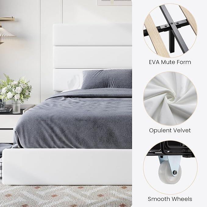 SHA CERLIN King Size Platform Bed Frame with 4 Storage Drawers, Velvet Upholstered Headboard, Mattress Foundation with Wooden Slats Support, No Box Spring Needed, Easy Assembly, White