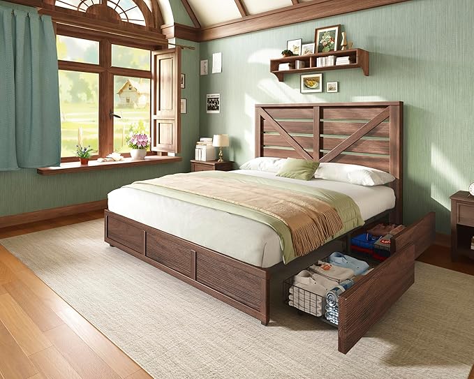 AMERLIFE King Size Farmhouse Bed Frame with 4 Drawers, Wooden Storage Bed Frame with Headboard and Heavy Duty Metal Slats, Noisy Free, Easy Assemble, Rusric Brown