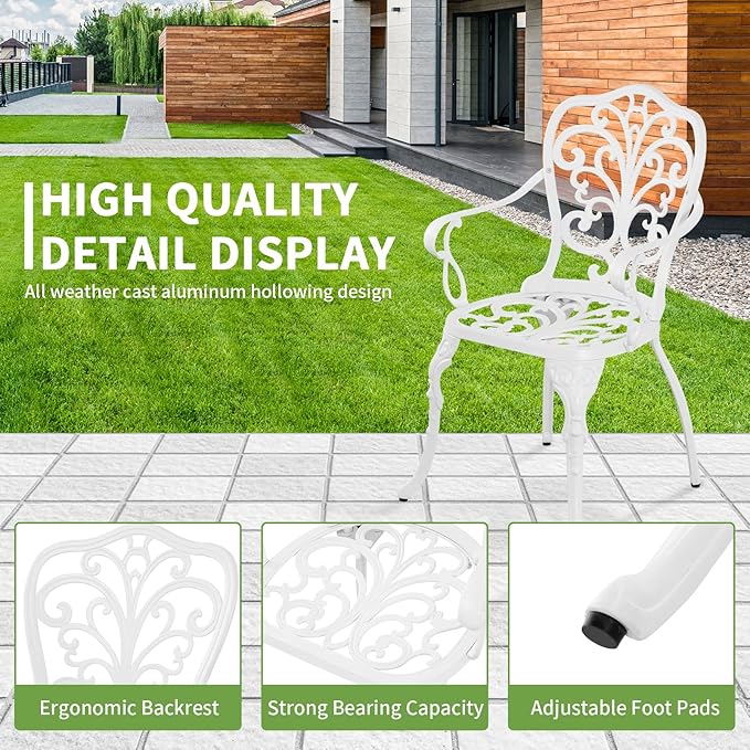 Outdoor Bistro Table and Chairs Set of 2, White Metal Patio Bistro Set, Cast Aluminum Bistro Set 3 Piece Outdoor with Umbrella Hole, 3 Piece Outdoor Bistro Set for Balcony Garden Porch