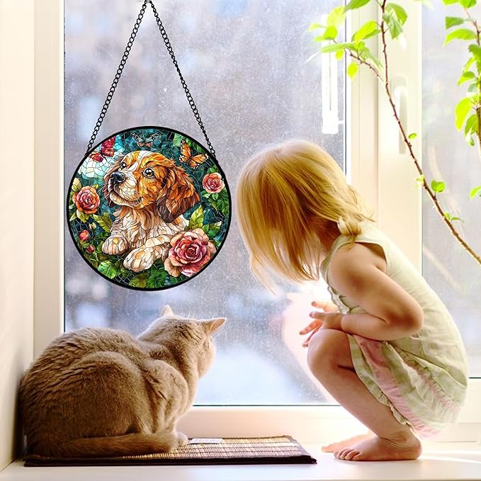 Stained Glass Window Hanging, Dog and Rose Suncatcher for Doors Home Butterfly Sun Catchers Decoration and Christmas, Mother's Day Birthday Gifts for Women, Men, and Mom 9.8 in
