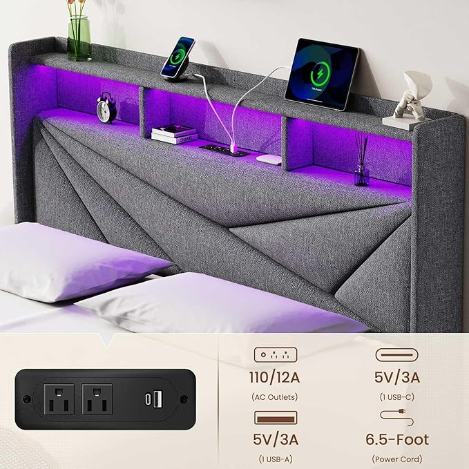 LED Queen Bed Frame with 2 Storage Drawers, Upholstered Bed Frame Queen Size with Headboard and Charging Station, No Box Spring Needed, Easy to Assembly-Light Grey