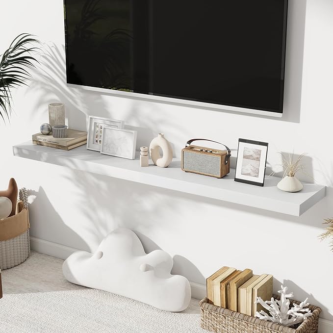 Fun Memories White Floating Shelves for Wall Set of 2, 28" White Floating Shelves for Home Decor, Rustic Wood Wall Mounted Shelf, Hanging Deep Shelf for Living Room, Bedroom, Bathroom, Kitchen