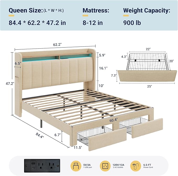 Allewie Vertical Tufted Queen Upholstered Platform Bed Frame with 2-Tier LED Storage Headboard & 2 Storage Drawers, USB & Type-C Charging Ports, Noise-Free/No Box Spring Needed, Beige