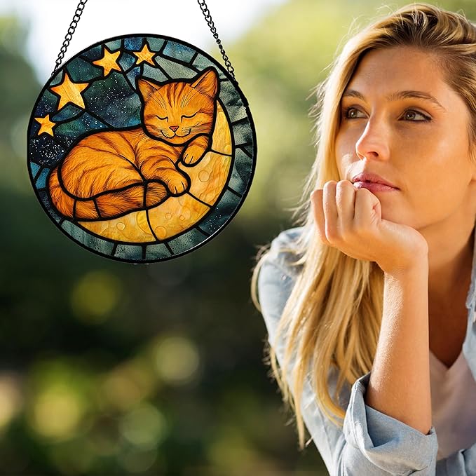 Stained Glass Window Hanging - Orange Cat Sun Catcher for Door Home Decor Stars and Moon Suncatcher Christmas Mother's Day Birthday Loss of a Pet Gifts for Women Men Mom Nana 7.8 in