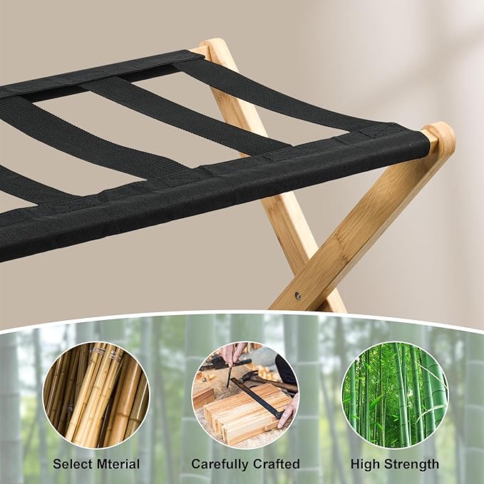 VASMIA Luggage Rack, Folding Suitcase Stand with Storage Shelf,Bamboo Luggage Stand for Guest Room,Bedroon and Hotel,Holds up to 131 lb,Fit Most Luggage Size,Natural