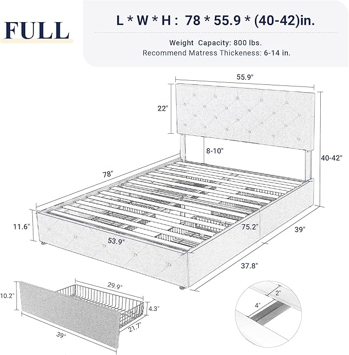 Allewie Upholstered Full Size Platform Bed Frame with 4 Storage Drawers and Headboard, Diamond Stitched Button Tufted, Mattress Foundation with Wooden Slats Support, No Box Spring Needed, Light Grey