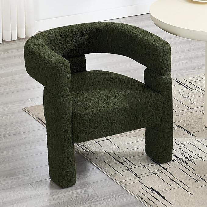Sherpa Barrel Dining Chair, Upholstered Boucle Accent Kitchen Chairs with Arms, Comfy Faux Fur Side Chair Modern Armchair for Dining Room, Bedroom, Home Office, Green